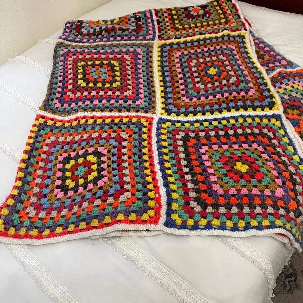 VTG Crochet Granny Square Blanket Handmade Afghan Boho Cottagecore Full Retro